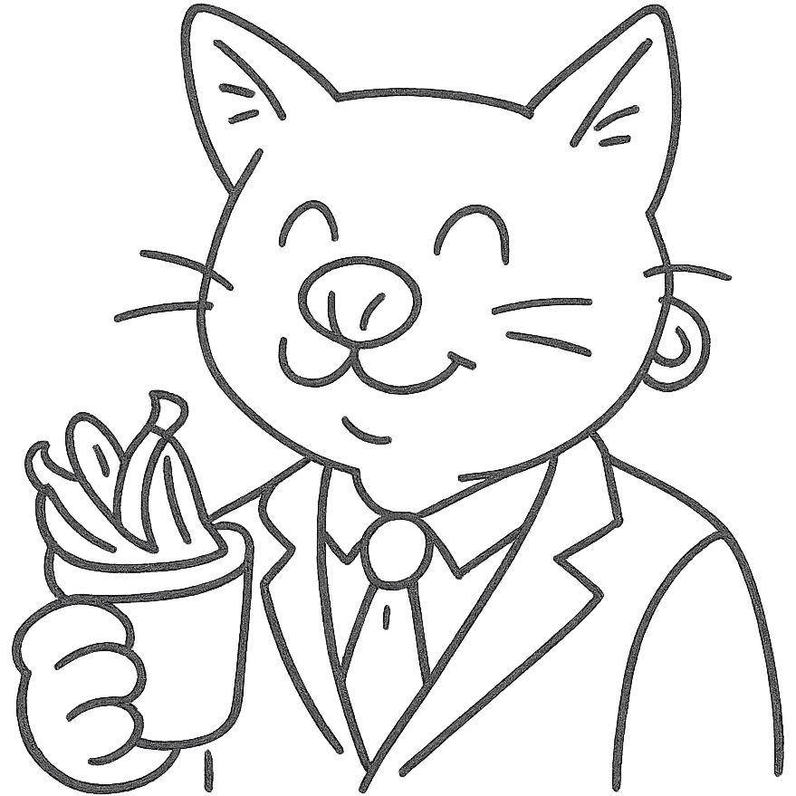 cat with a dog nose, wearing a suit, earring, holding a cup of bananas, playful expression emoji
