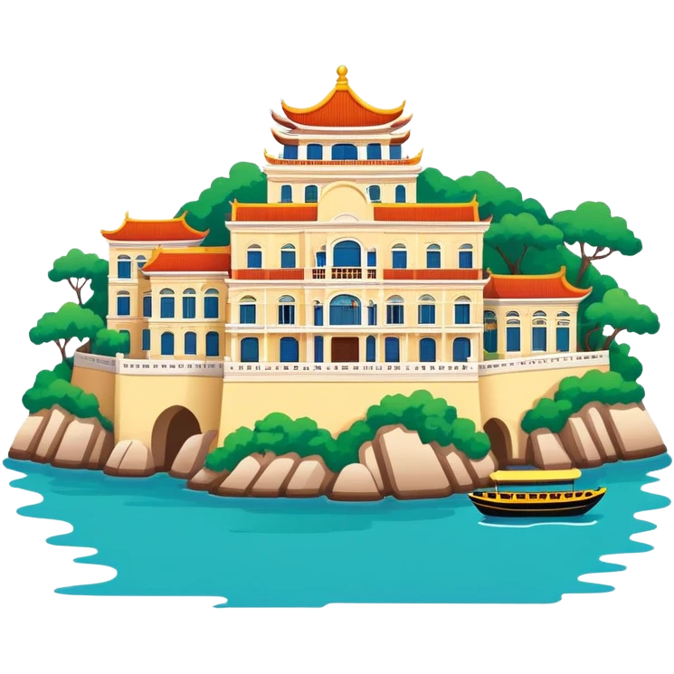 Gulangyu Island Xiamen with colonial buildings, simplified emoji style with bold outlines and bright colors, cartoon style island with piano shape emoji
