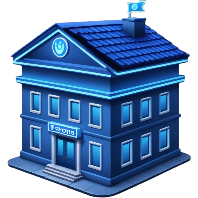 A building in the night with a blue logo on the roof emoji