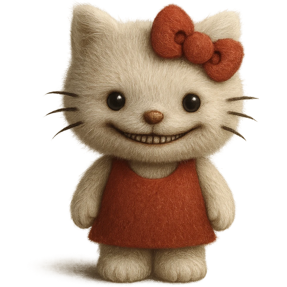 uncanny Hello Kitty with realistic fur texture and odd smile emoji