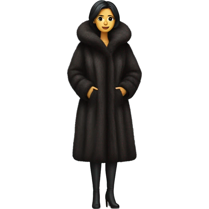 Dark haired woman wearing big full length fur coat emoji
