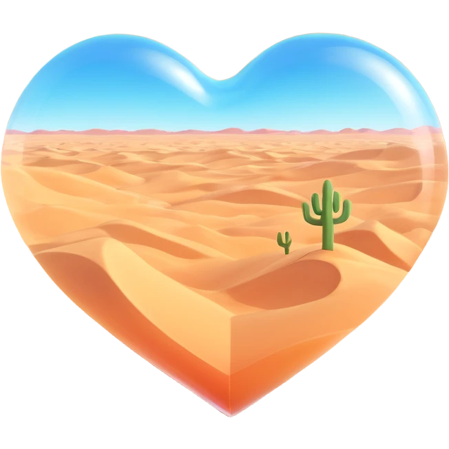glass heart emoji with transparent effect, inside are desert sand dunes, no plants, realistic glass emoji