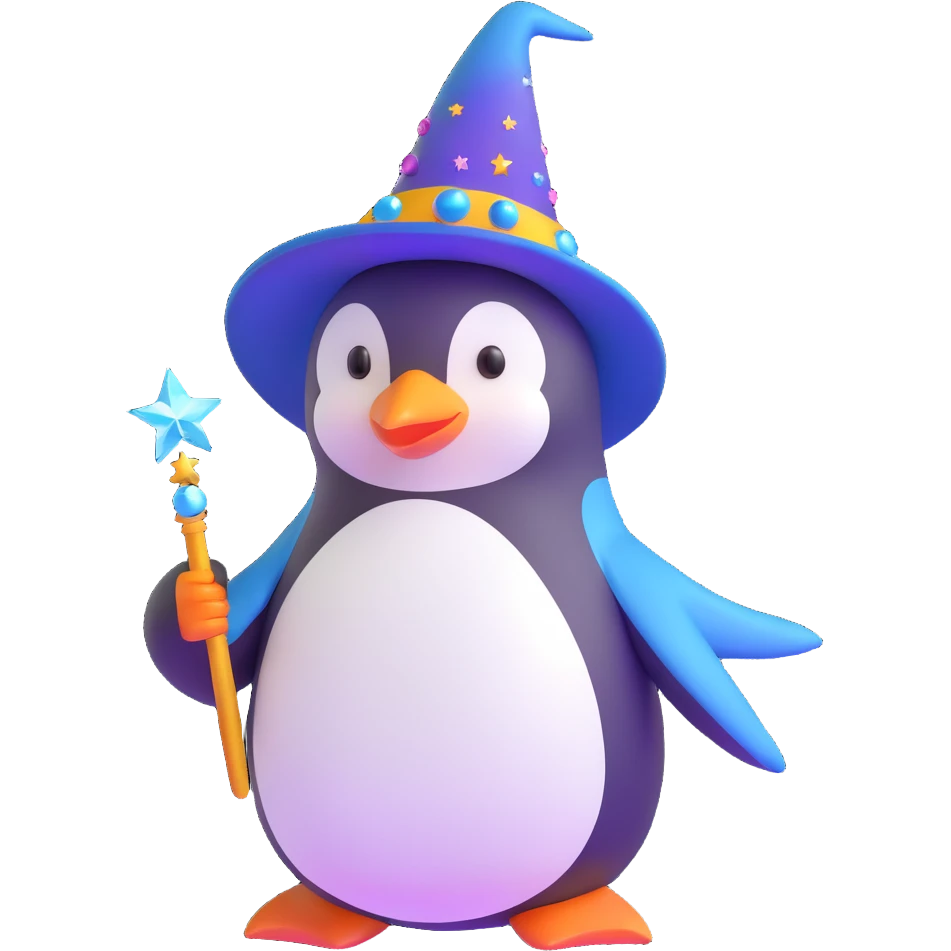 3D emoji-style penguin wizard with a shiny hat and magical sparkles emoji