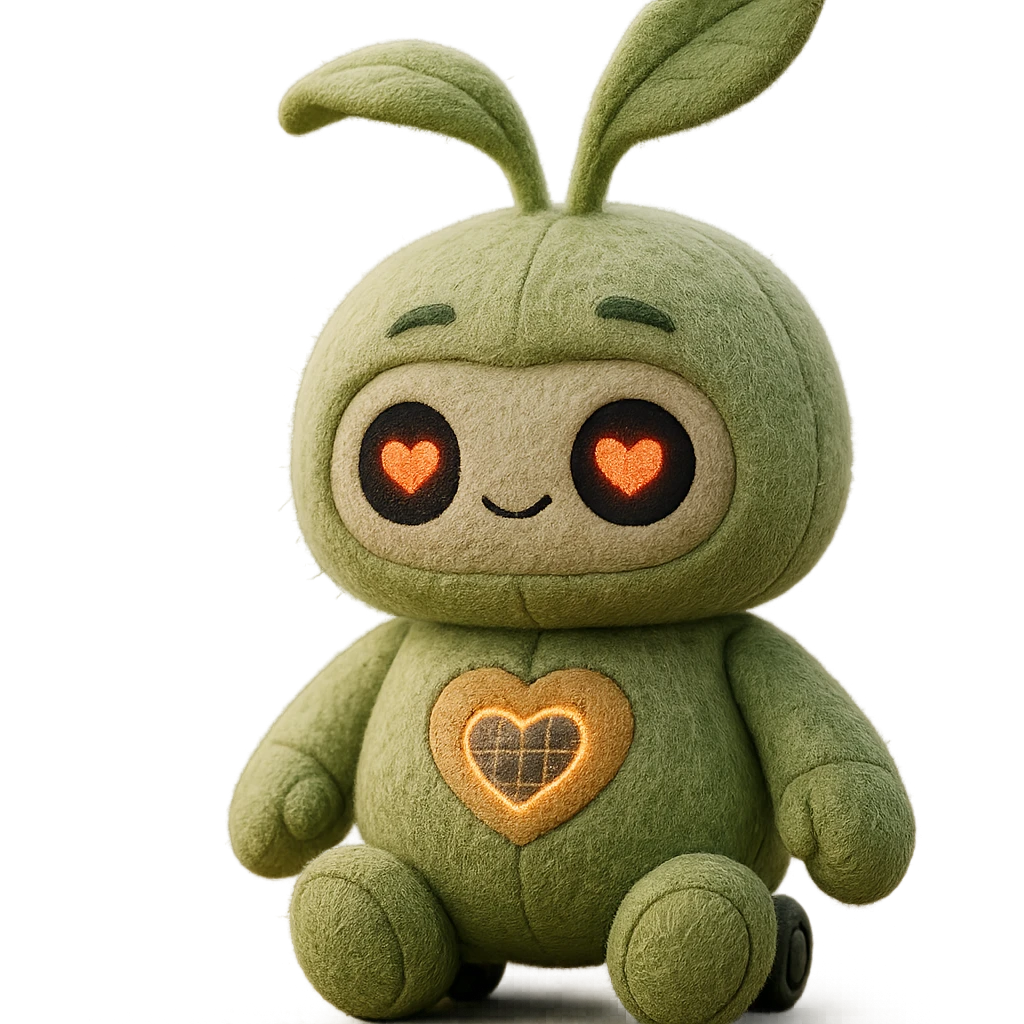 Plushy, rounded seedling robot with soft, plush-like forms. Its body resembles a young sprout with smooth lines. Large round sensor-display eyes that change expressions (❤️ for good harvest, ⚠️ for problems). Two movable leaf antennas on the head that move when working (one twitches when collecting data, both rise up when analysis is successful). On the chest — a stylized heart with solar panels that glows softly when charging. Short, slightly clumsy arms and legs like a baby robot. On the paws — suckers or tiny wheels to "roll" around the greenhouse. emoji