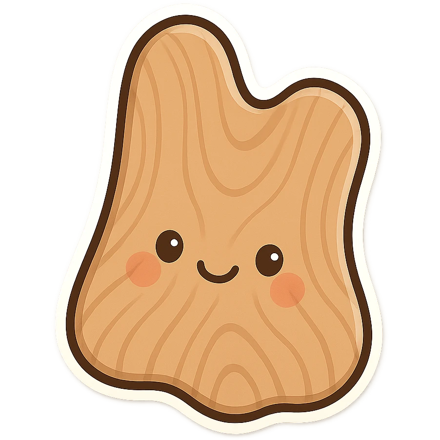 a tree wood gua sha tool, cartoon style, smiling face, wood texture emoji