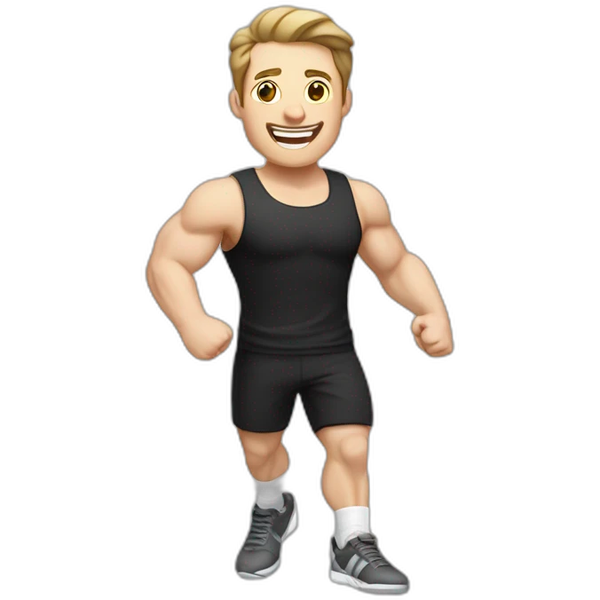 Joyful Celebrating victory Pale skinned Fit Man With the biceps and dark brown hair in black shirt, gray sports shorts and white Sneakers emoji