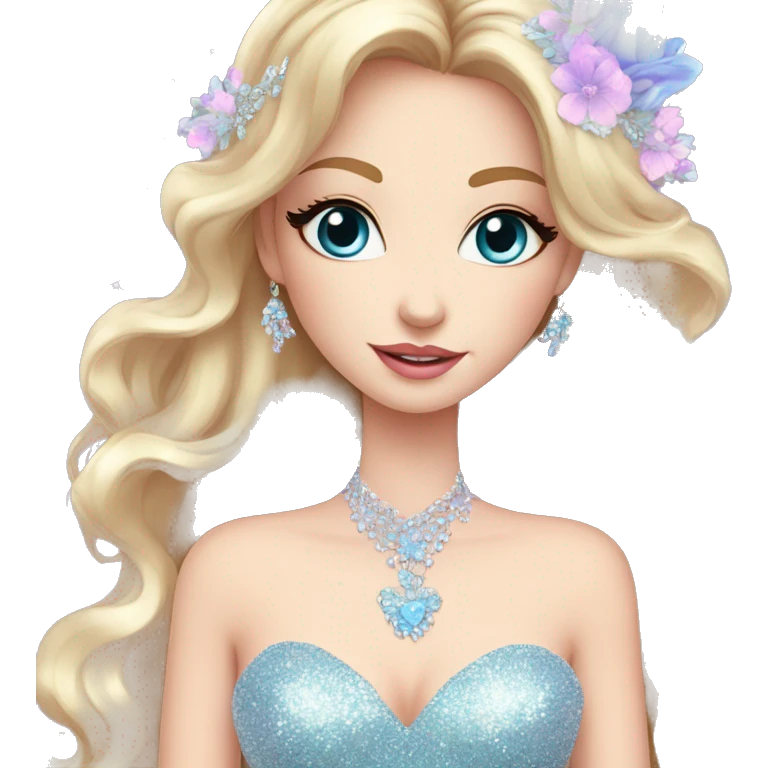 Gorgeous pastel Lady with blue eyes in a sparkly shiny dress with tiara and necklace and flowers behind her and trending  emoji