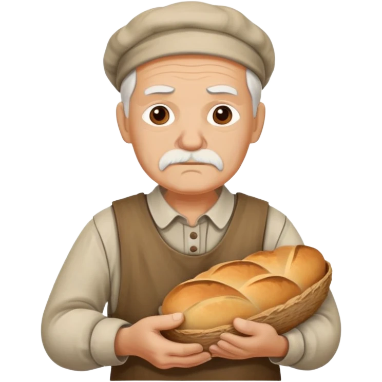 peasant in an old shirt photorealistic serious old face with bread in old hands emoji