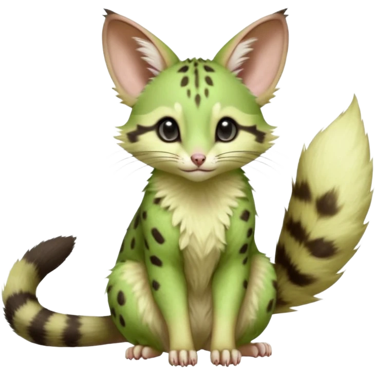 Light-neon-green, soft realistic romantic vintage antique divine beautiful elegant pretty precious cute young youthful  Fakémon-Pokémon-opossum-feline-mouse-serval-caracal-chinchilla-Minccino-Cinccino-Meowstic-rodent-hybrid-creature with a big fluffy bushy tail (full body) emoji
