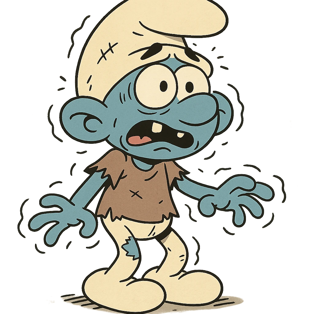 a smurf with tattered clothes, jittery expression, and missing teeth, cartoon style emoji