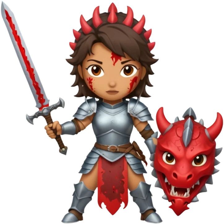 Fierce Latina in armor with a sword after a battle cutting off the head of a dragon emoji