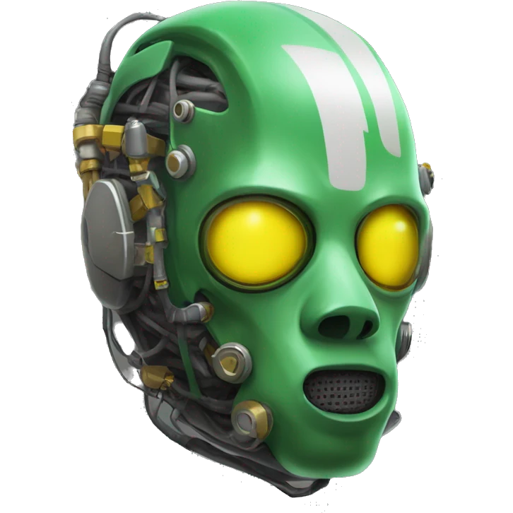 Green skin cyborg head with dark yellow Mohawk, white respirator mask and circuitry emoji