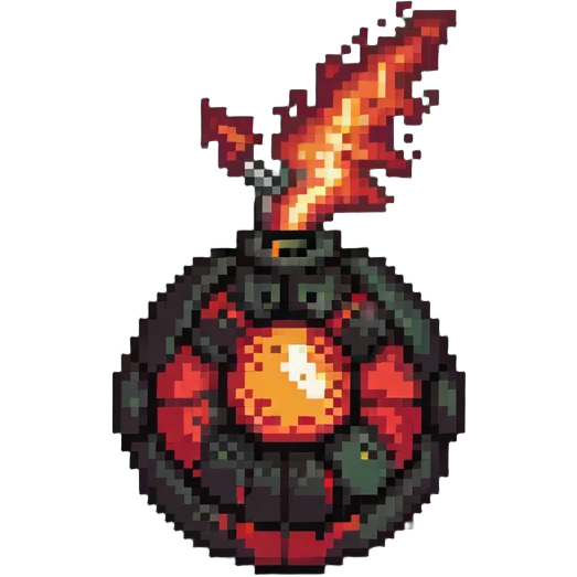 Red digital bomb with flame-shaped fuse at the top, round black bomb body with red accents, pixel art style emoji