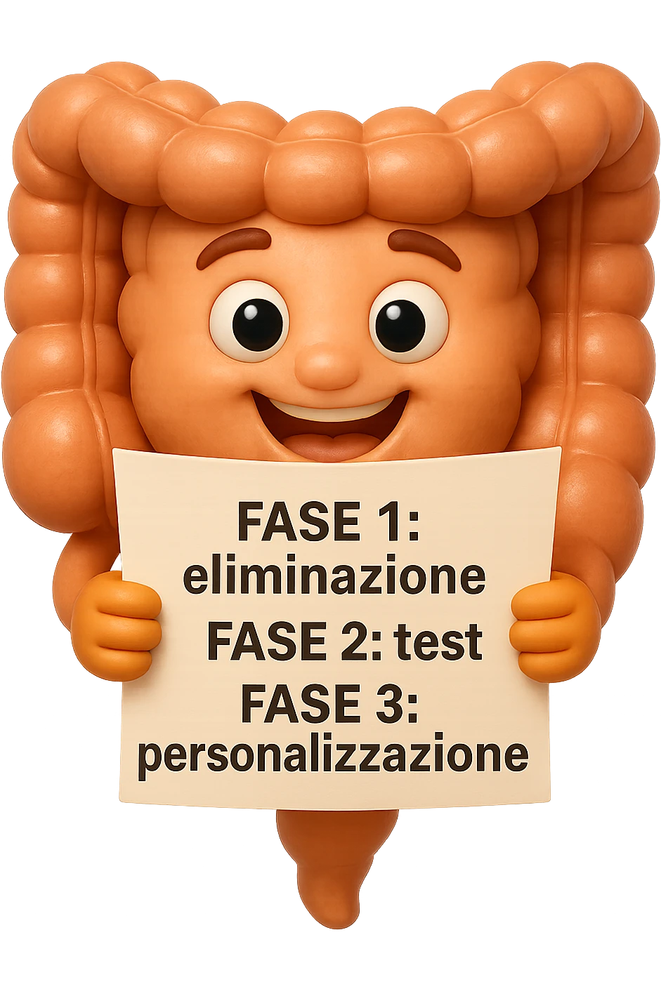 emoji stile iphone 3d di un intestino che tiene in mano un foglio con la scritta "FASE 1: eliminazione, FASE 2: test, FASE 3: personalizzazione, IPERREALISTICO 4K emoji