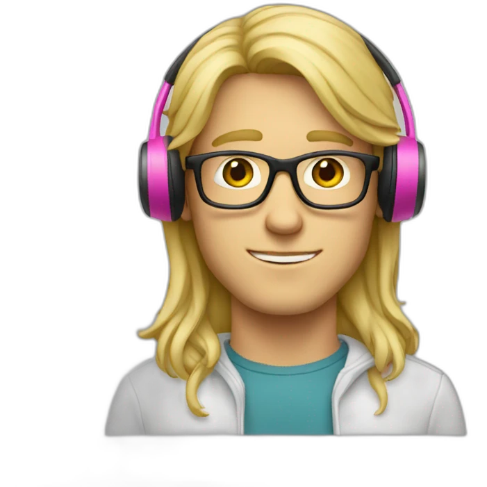 blond guy with long hair, glasses and pink headphone emoji