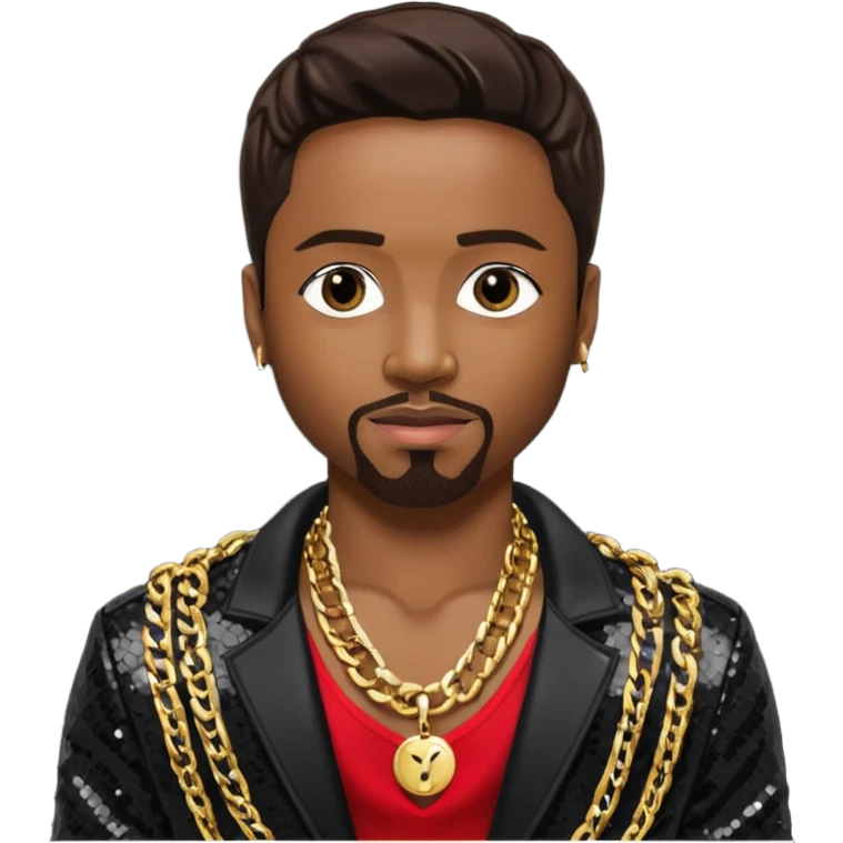Teddy Riley with dark brown hair, black sequin jacket, shirtless with necklace  emoji