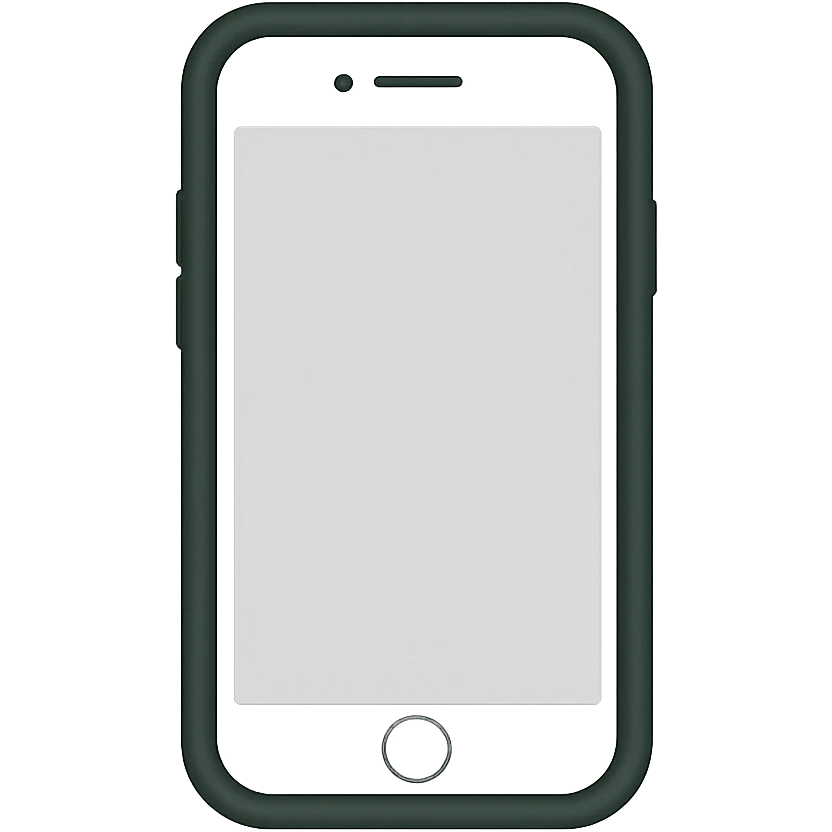 Create an image of a white iPhone with a dark green case, screen facing the viewer, without any emojis, in a minimalist emoji style. The design should be clean and simple, focusing on the iPhone and case only. emoji