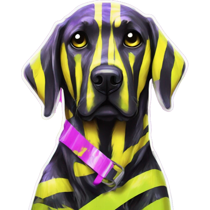 .Zombie_ Vaporwave black holographic oilslick zombie yellow Labrador zombie dog yellow caution tape graffiti stripes yellow and black stripes emoji