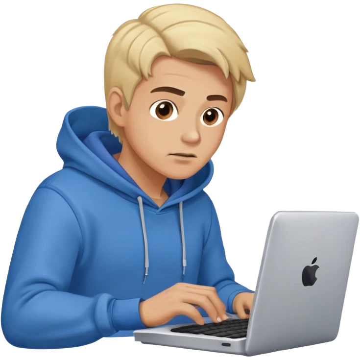 Typing fast ,making this expression 🫨,Blond man with brown eyes blue hoodie,coding, smoke coming from computer, cartoon style emoji