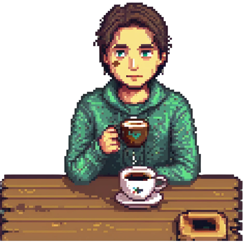 tired programmer with dark circles under his eyes drinking coffee, pixel art style emoji