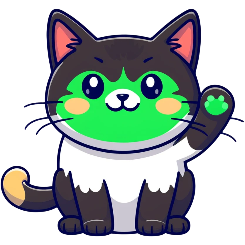 tricolor fluffy cat with big green eyes giving thumbs up emoji