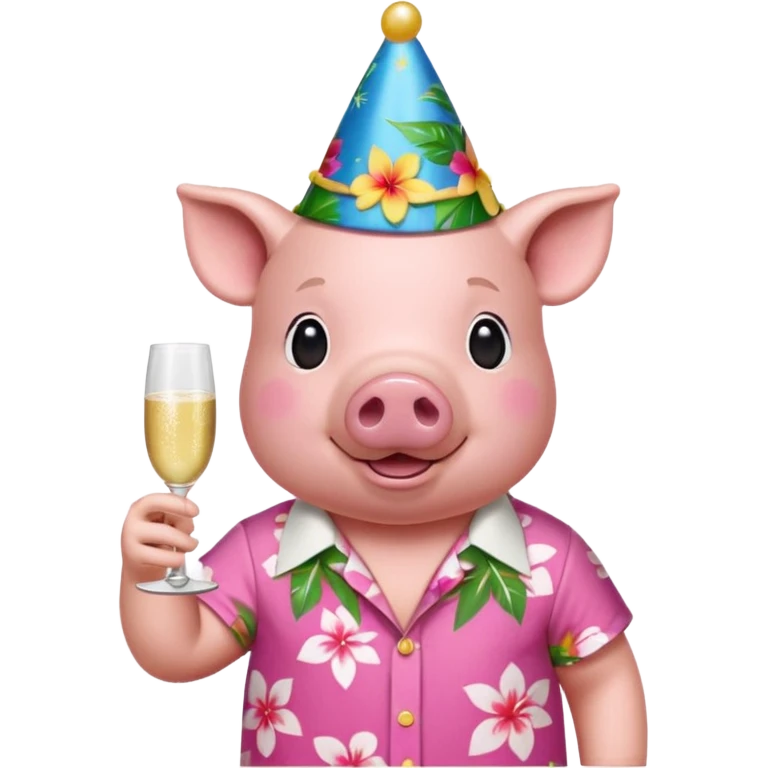 Pig with aloha shirt, birthday hat, champagne glass emoji
