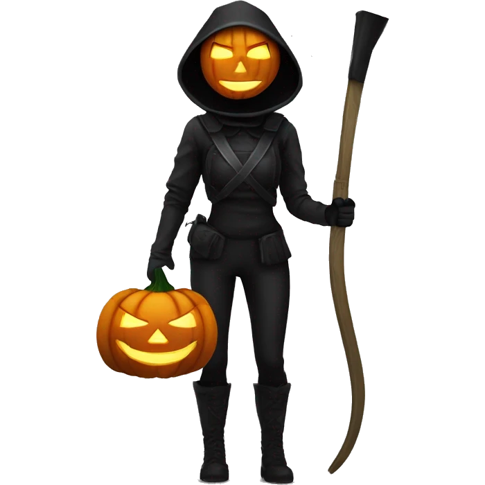 Human female pumpkin hunter with a scythe, glowing pumpkin eyes inside a black helmet, Halloween theme, emoji" emoji