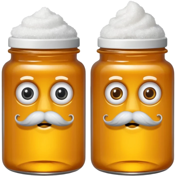Garama and Madundung are together a gray container of salt and a honey container with a cloth on top. They each have eyes with white in the middle, a mouth, nose, and mustache both customary to their colors. They have hairy legs and emit an aura of salt (Garama), and honey (Madundung). emoji