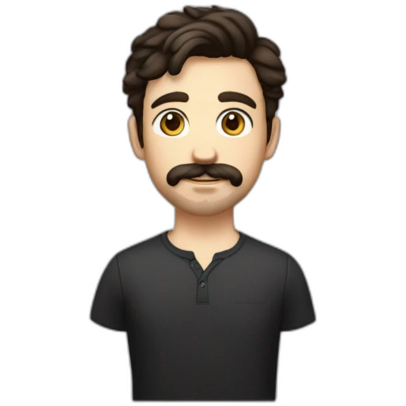 A young Caucasian man with dark brown, almond-shaped eyes, short dark brown hair, and a small dark brown beard with a more prominent mustache. emoji