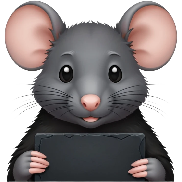 rat in all black, holds a slate, on which is written stevie ❤️ emoji