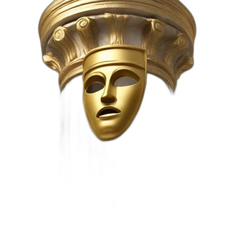 distant view of an abstract renaissance mask in a coat standing on an antique style golden greek column, 4K resolution emoji