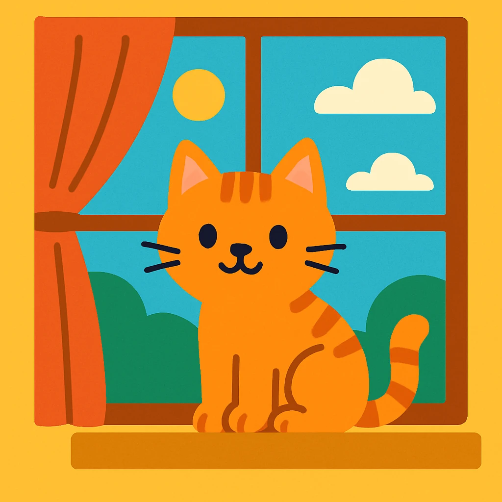 flat toon style cat at a window with simple shapes and bright colors emoji