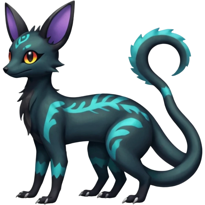 Rare epic aesthetic iridescent spooky gloomy colorful Salandit-Umbreon-Eevee-Genet-species-Fakemon-hybrid-creature, with markings, full body emoji
