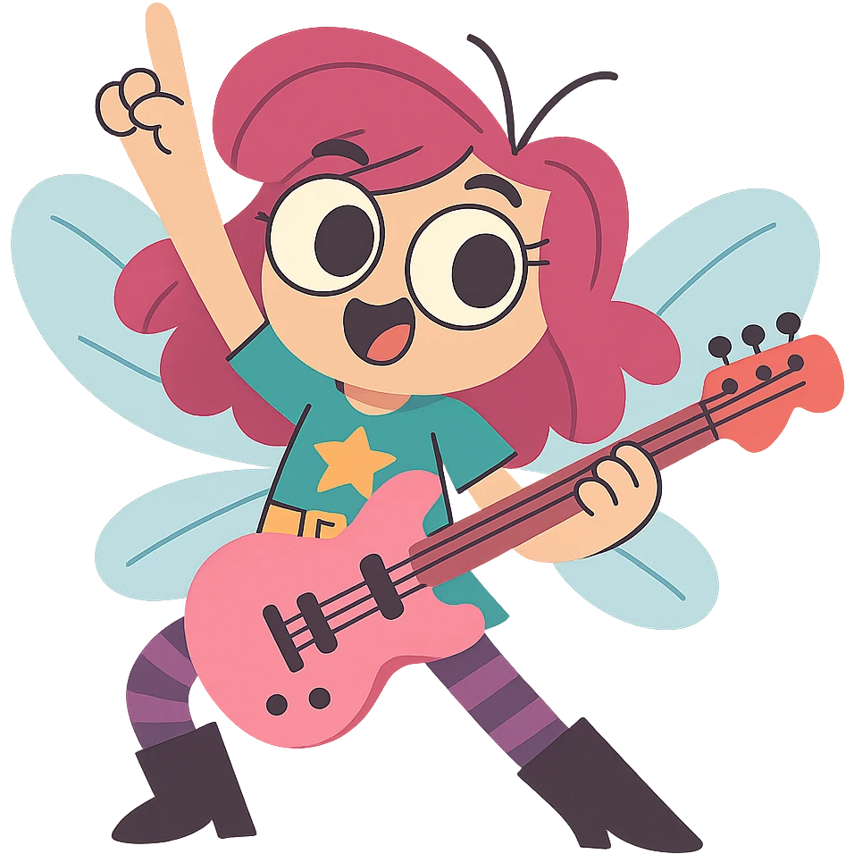 young female fly with magenta hair, big eyes, teal shirt with star, golden belt, black boots, purple-striped leggings, holding a pink guitar, rockstar pose, playful and energetic emoji