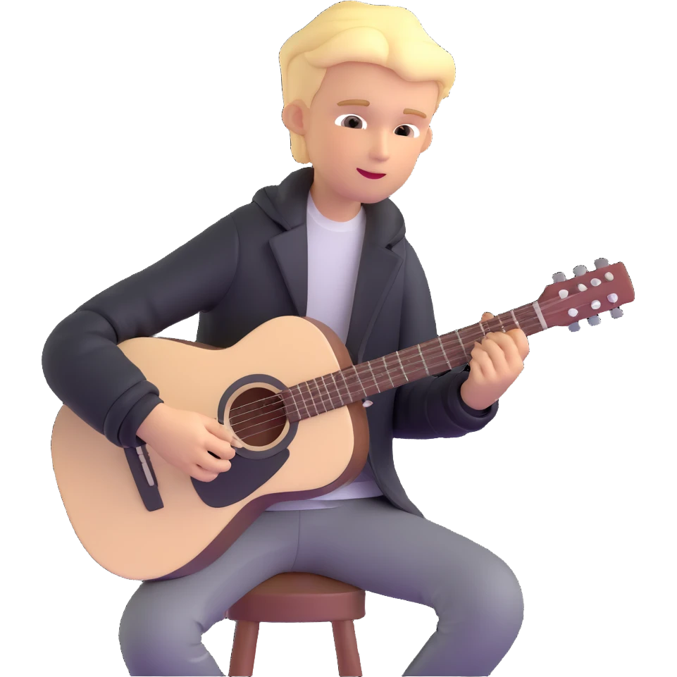 young blonde boy in a black jacket playing an acoustic guitar emoji
