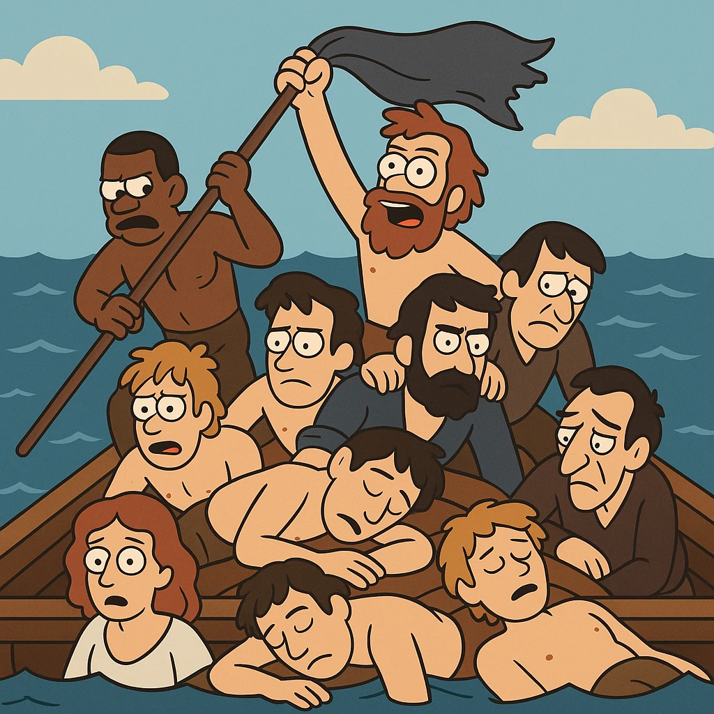 flat toon style version of Le radeau de la Méduse, simplified raft and people, bold colors emoji