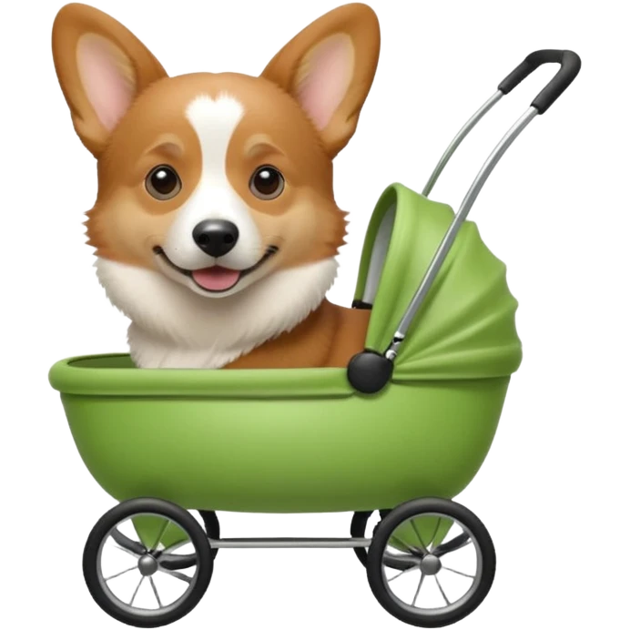 lifelike male corgi in a dog stroller, apple emoji look emoji