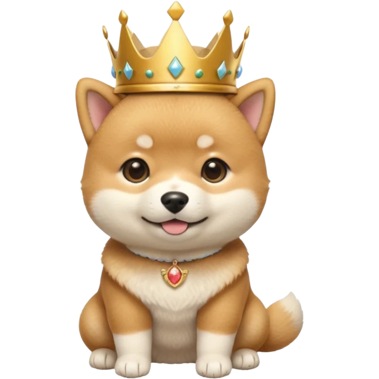 3 month old Shiba Inu puppy emoji, wearing small golden crown, cute royal expression, round body, soft fluffy fur, glossy eyes, bright pastel background, kawaii mascot style, centered composition, high quality render emoji