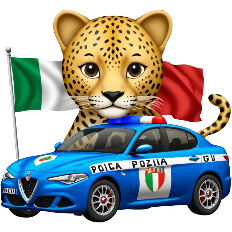 crea auto di servzio alfa romeo giulia colore nero con la scritta sul lato polizia penitenziaria e la un leopardo e la bandiera italiana emoji