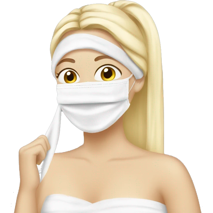blonde girl applying white sheet face mask with a towel in her hair emoji