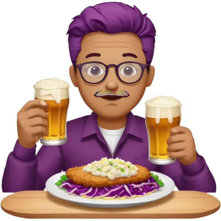 Man with wire framed glasses german eating schnitzel, red cabbage, sauerkraut, potato salad, and beer emoji
