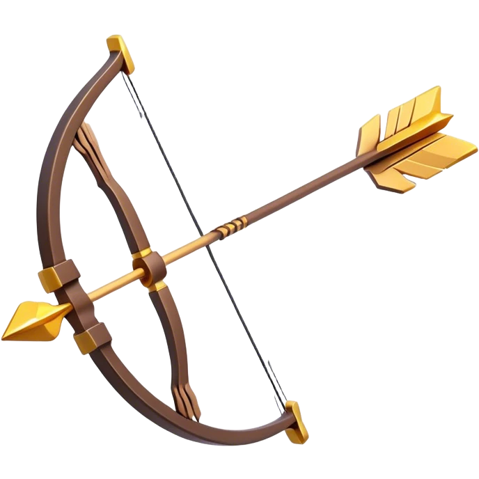 Clash of Clans aesthetic: Cinematic Playful 3D Isometric Bow & Arrows Emoji, rendered in a 3D vector-style similar to standard emojis with minimal shading and bold, simplified shapes. A compact, distinct form with signature details, softly glowing with a fantasy RPG magic charm. Simplified yet unmistakably iconic, highly detailed and consistent, glowing with a soft radiance and high shine. Stylized with a touch of heroic grandeur and a soft glowing outline, capturing the essence of a beloved gaming relic with a friendly, playful manner! emoji
