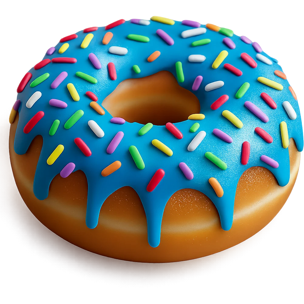 Add colorful rainbow sprinkles to the blue glazed donut, keep it realistic with soft lighting, transparent background. Maintain a photorealistic style with soft lighting and natural textures. emoji