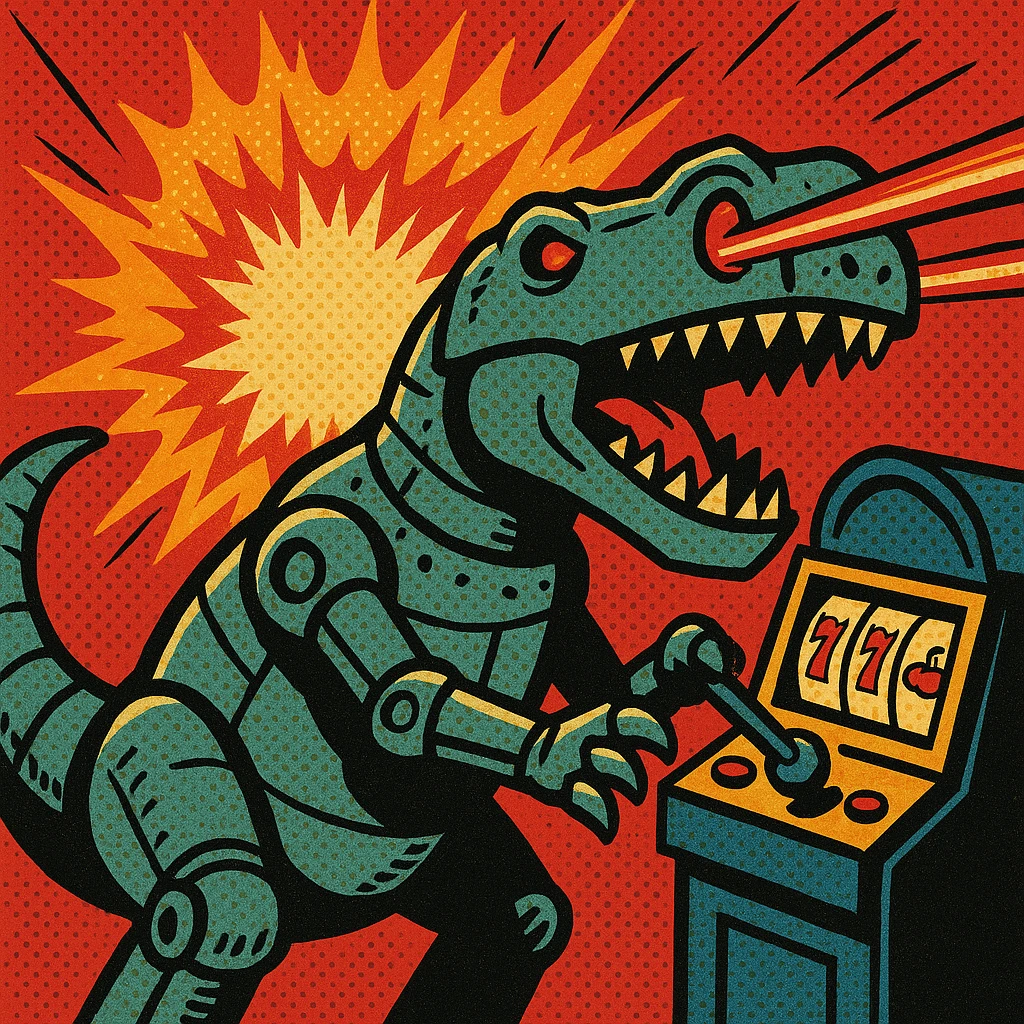 robot dinosaur shooting lasers from its eyes while playing a slot machine, with a big explosion in the background, comic book style emoji