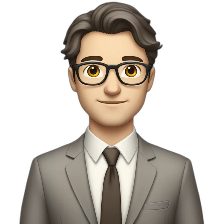 Full height Pale skinned Fit Man With dark brown hair in classic gray suit, beige office shirt, dark gray tie, and vintage glasses. Thrumbs of his palms directed up emoji