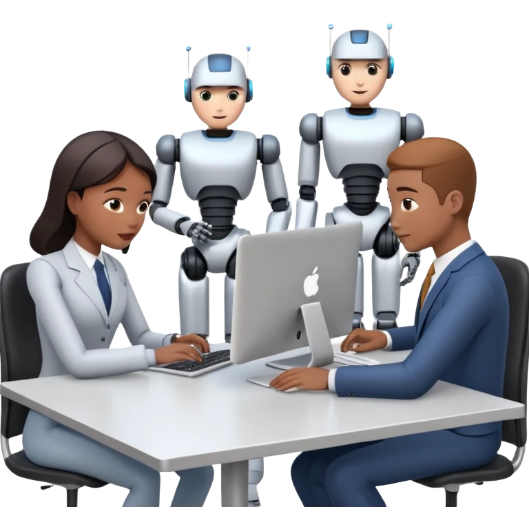 AI agents in the workplace, robots and humans collaborating at desks emoji