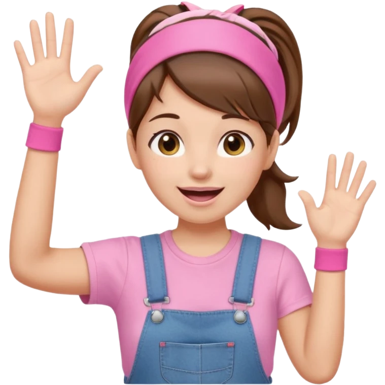 preschool teacher with brown hair pulled up in high ponytail and light pink headband. Has a pink t-shirt with denim overalls. Expression is happy and friendly with mouth wide open. Has one hand up waving hello. emoji