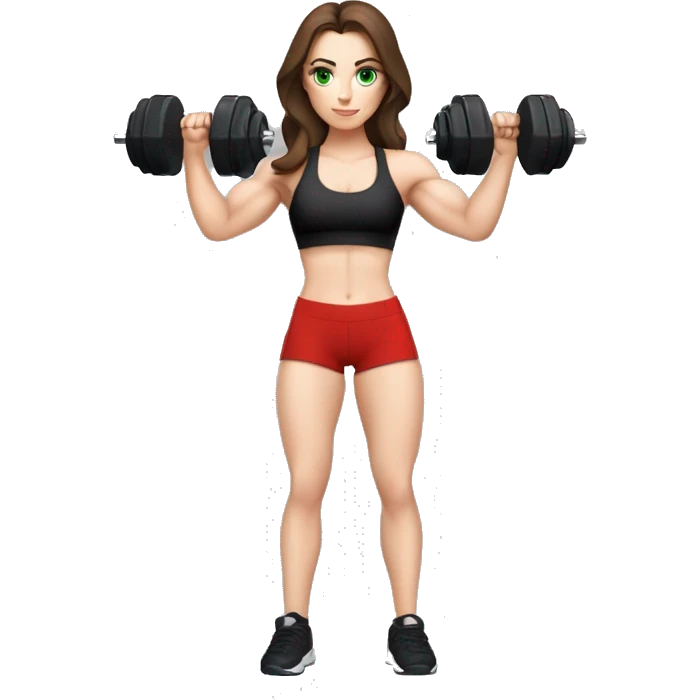fitness girl with Brown Hair, Green Eyes, Pale Skin, Red Sports-Bra and a Black Bikershorts doing biceps curls with a Dumbell emoji