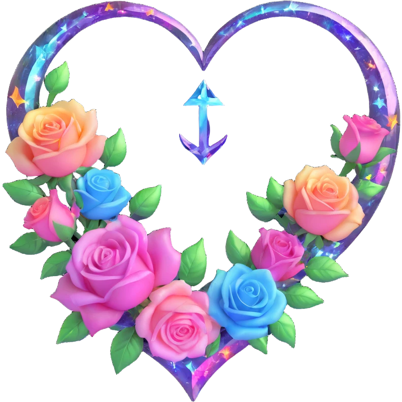 gothic heart made of prismatic glass, silver crescent moon, glowing pastel roses, holographic stardust, neon rainbow lightning, drenched and splintered glass emoji