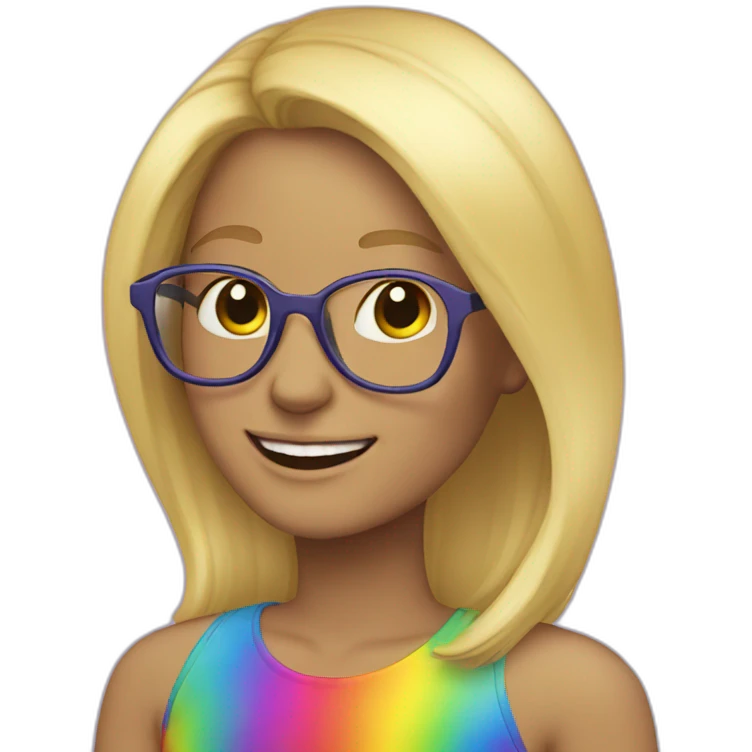 blonde hair woman, glasses, rainbow clothes, smile emoji